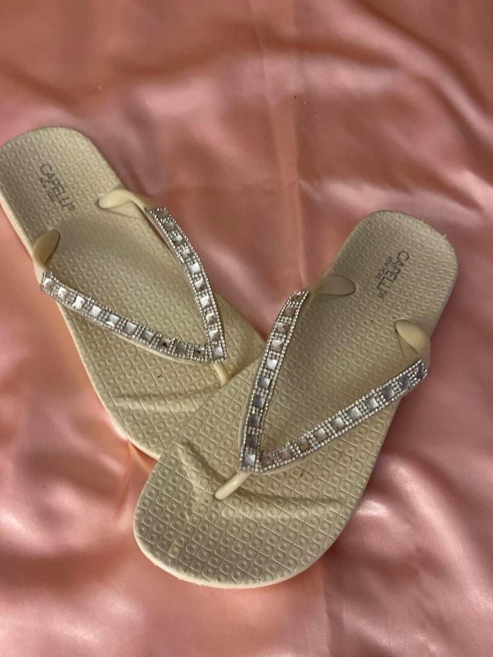 Capelli of New York Beige Rhinestone Strap Flip Flops